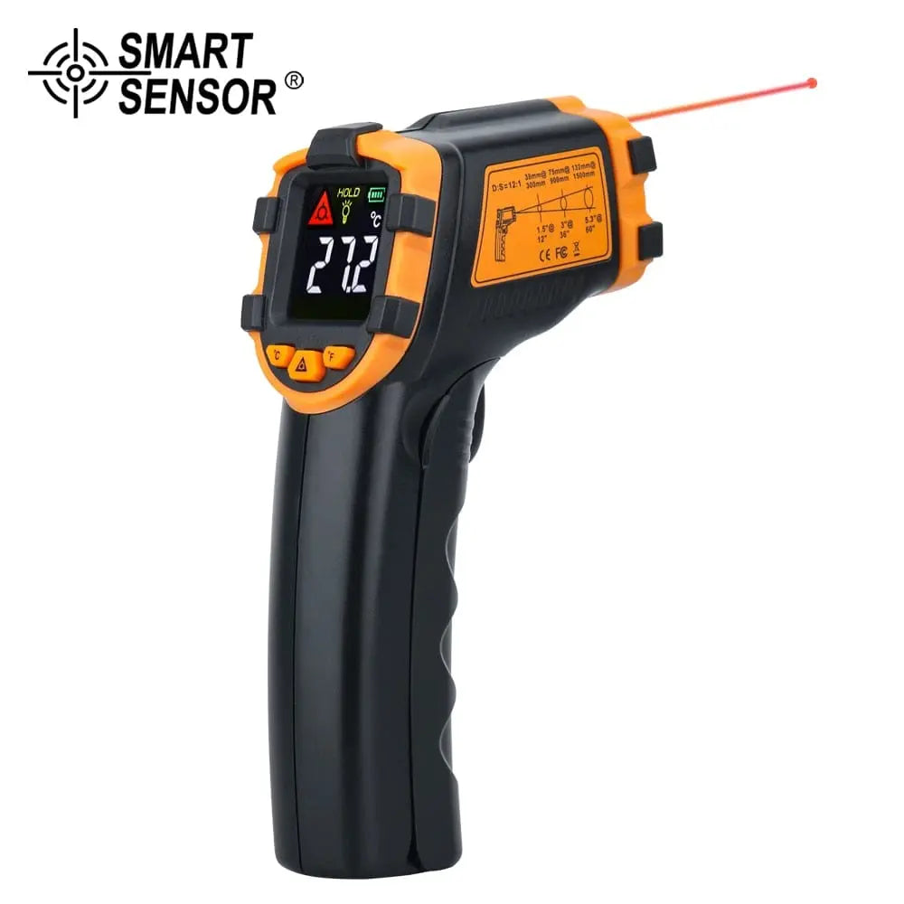Showlu Fashion Store GVDA digital infrared thermometer with color LCD display, laser non-contact temperature measurement, and alarm function.