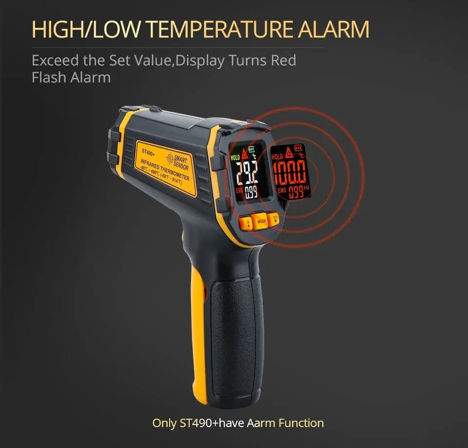 Showlu Fashion Store digital infrared thermometer with color LCD display, non-contact laser temperature meter and hygrometer functionality.