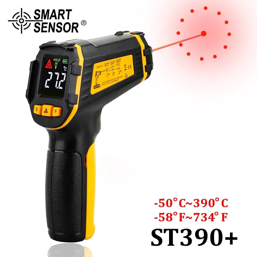 Showlu Fashion Store GVDA digital infrared thermometer with color LCD display, non-contact laser temperature measurement and hygrometer features.
