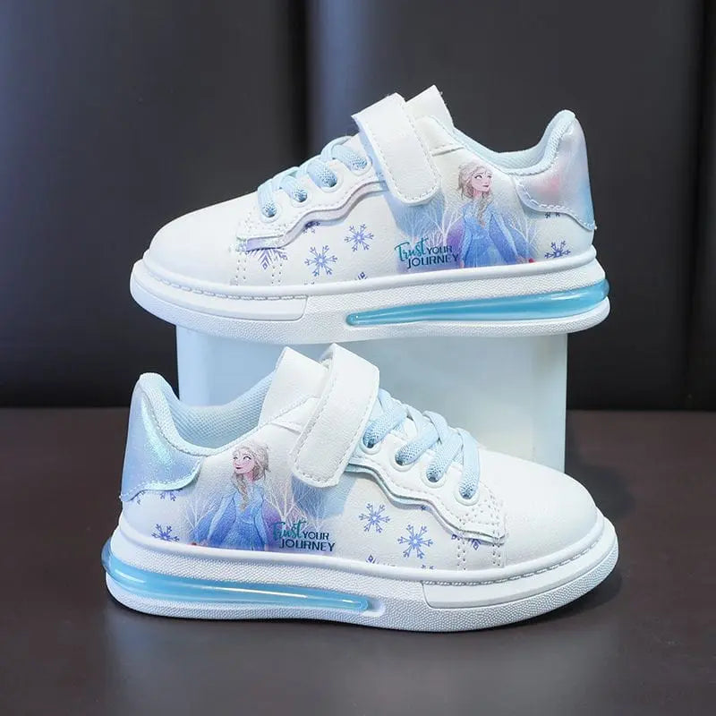 White PU leather waterproof sneakers for girls featuring Disney Frozen Elsa with cartoon princess design, size 26.