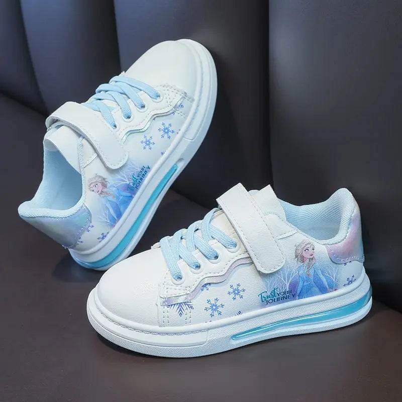 Disney Frozen Elsa girls' white PU leather waterproof sneakers with cartoon Elsa design and spring-ready style for girls.