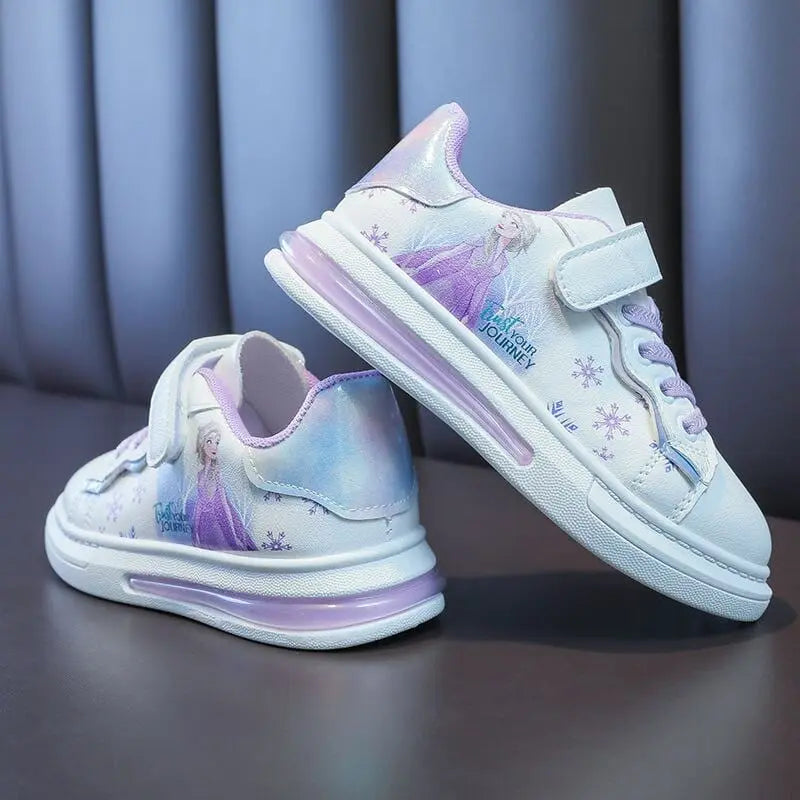 Disney Frozen Elsa girls' white PU leather waterproof sneakers with Elsa cartoon design, perfect for spring and casual wear.