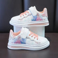 Disney Frozen Elsa girls' white PU leather waterproof sneakers with cartoon Elsa design, suitable for spring and outdoor activities.