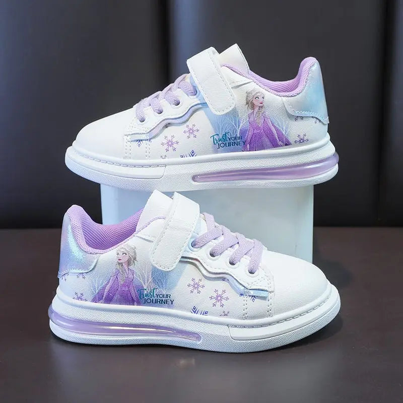 Disney Frozen Elsa girls' white PU leather waterproof sneakers with cartoon Elsa design, suitable for spring and outdoor activities.