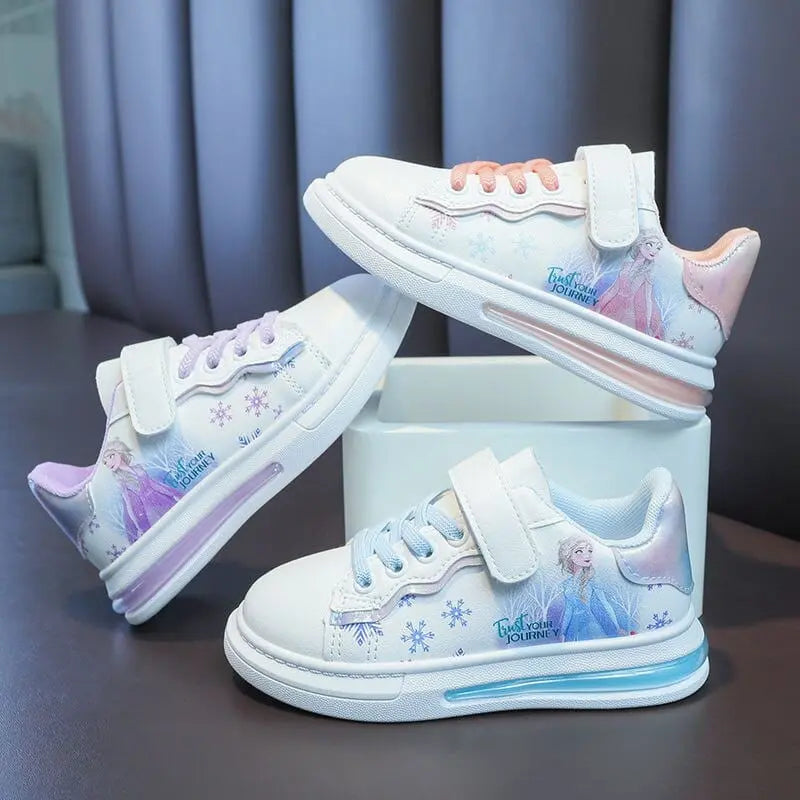 Disney Frozen Elsa girls' white PU leather waterproof sneakers with cartoon Elsa design, perfect for spring and play.