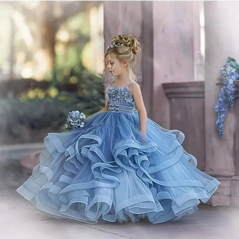 Dusty blue tulle flower girl dress with ruffles, perfect for weddings and pageants, by Showlu Fashion Store.