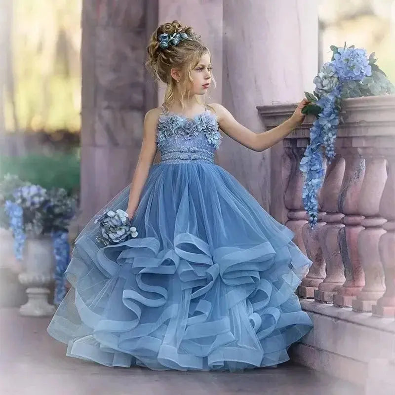 Dusty blue tulle flower girl dress with ruffles and floral details, perfect for weddings and special occasions by Showlu Fashion Store.