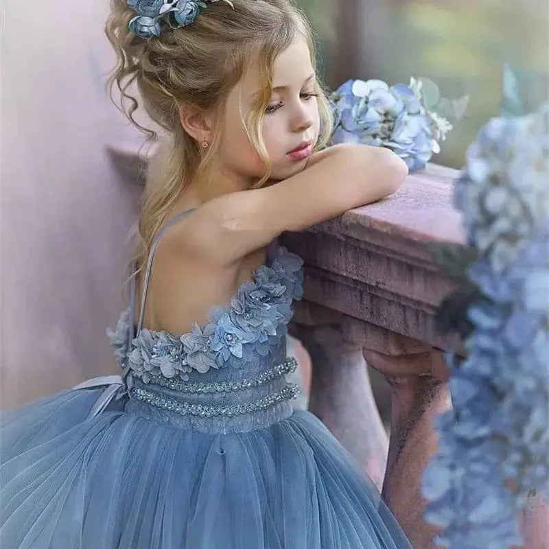 Dusty blue tulle flower girl dress with ruffles by Showlu Fashion Store, perfect for weddings, pageants, and special occasions.