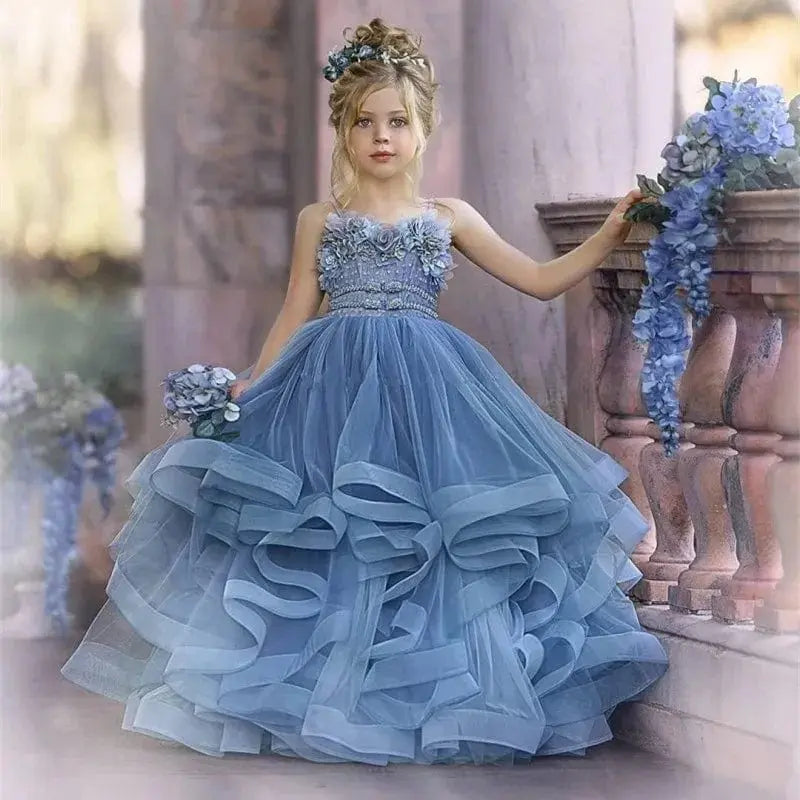 Dusty blue tulle flower girl dress with ruffles and floral details, perfect for weddings and pageants by Showlu Fashion Store.