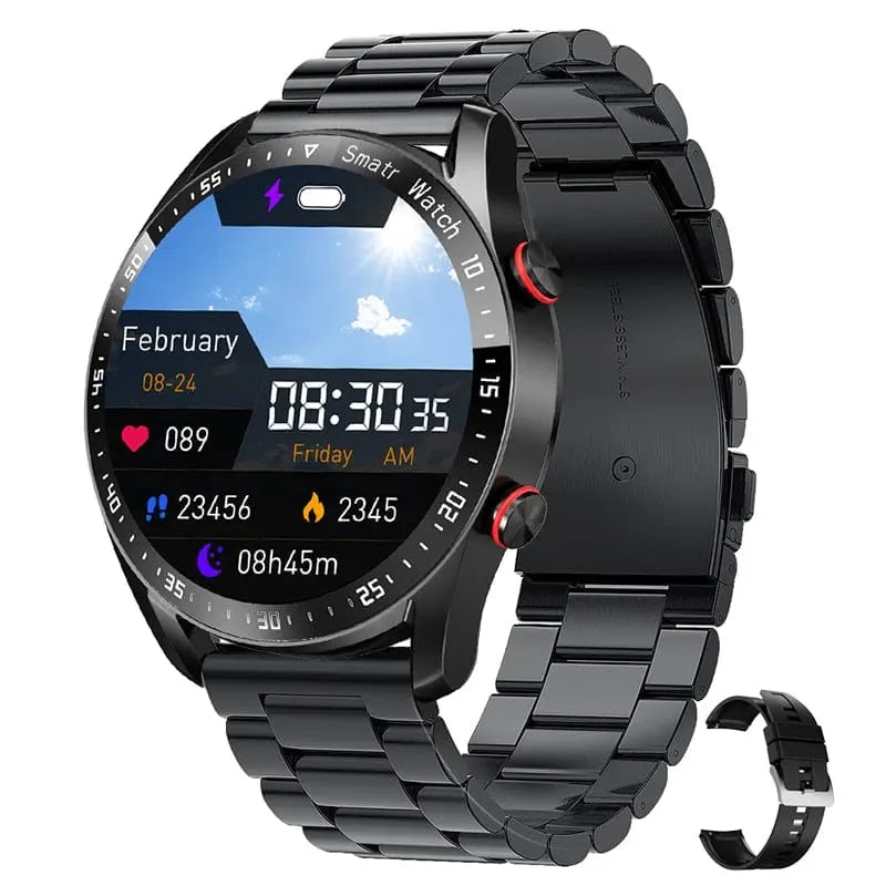 Showlu ECG+PPG smart watch for men with Bluetooth call, health and fitness tracking, waterproof design, and digital display.