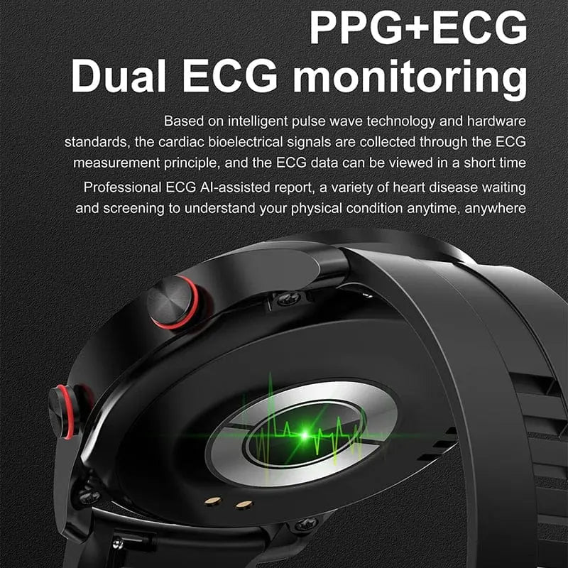 Showlu ECG+PPG Smart Watch for men with Bluetooth call, health and fitness tracking, waterproof design, and digital display.