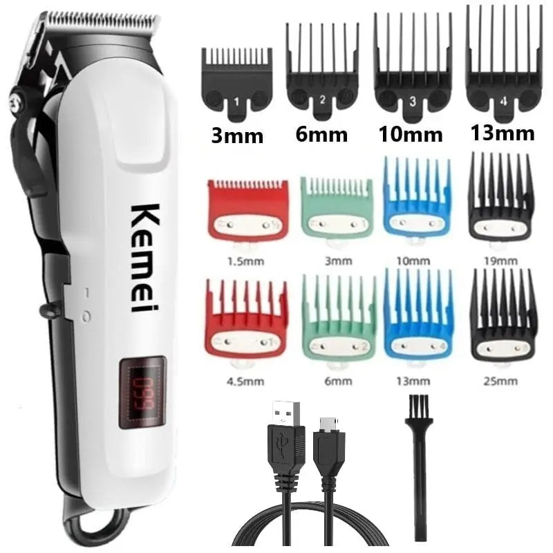 Kemei professional cordless electric hair clipper with adjustable blades and ergonomic design for men's haircuts.