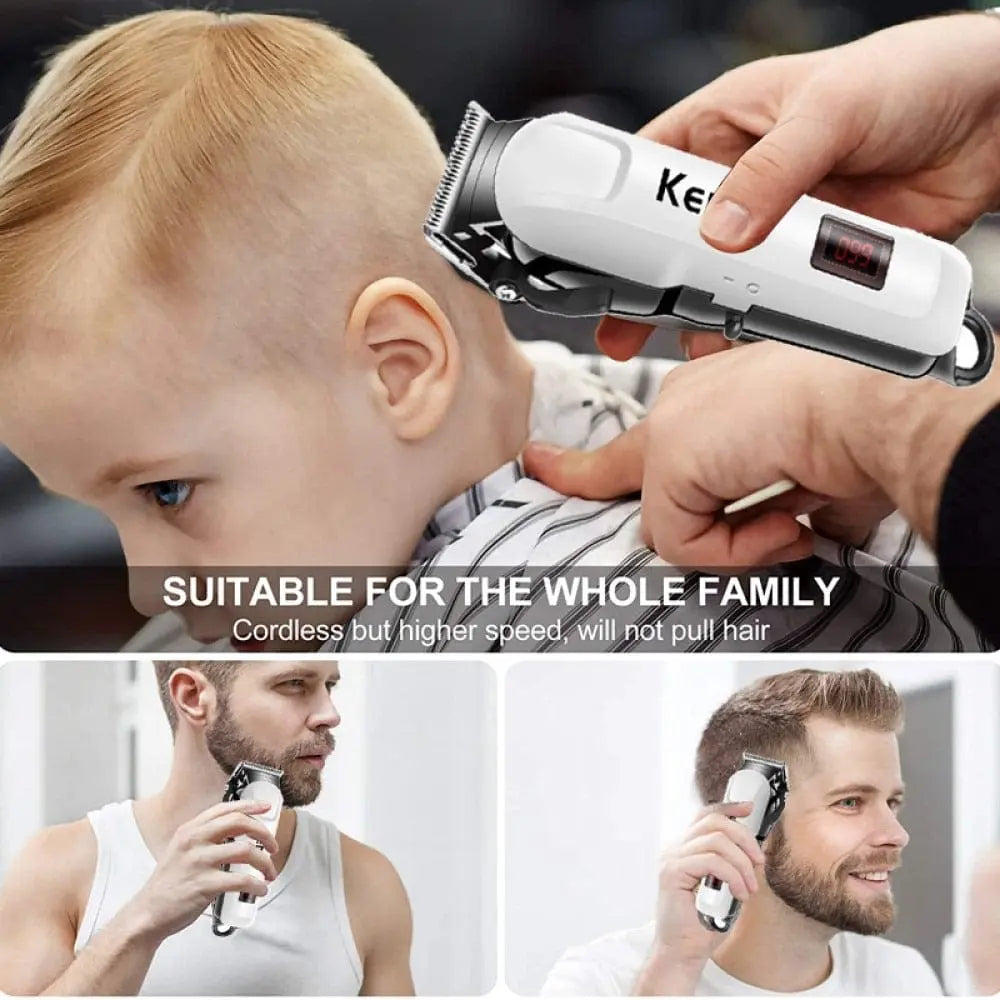 Kemei professional cordless electric hair clipper with adjustable blades, rechargeable trimmer for men’s haircuts and barber use.
