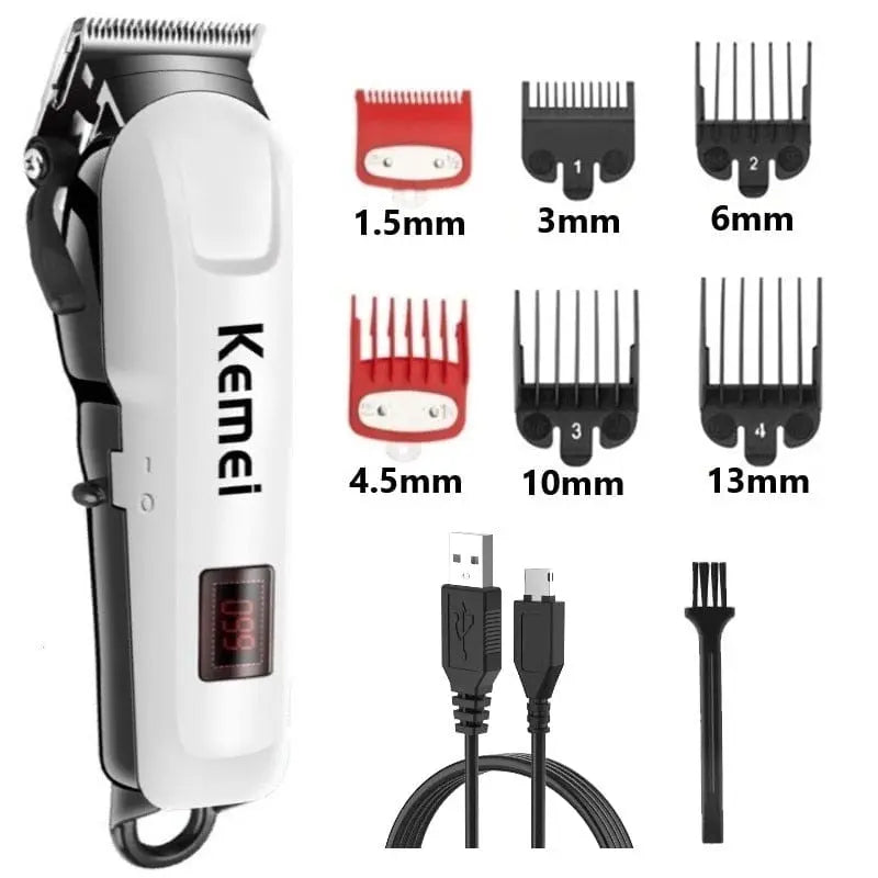 Kemei professional cordless electric hair clipper with adjustable blades, black and silver, for men's hair cutting and grooming.
