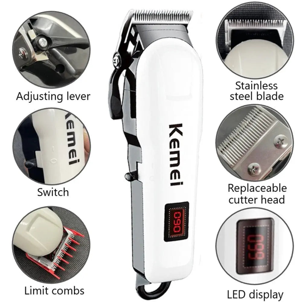 Kemei professional cordless electric hair clipper with rechargeable battery, black barber trimmer for men, showing blade and ergonomic design