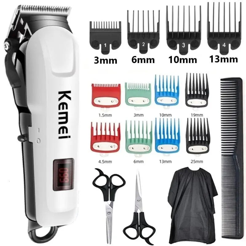 Kemei professional cordless electric hair clipper with adjustable blades, rechargeable trimmer for men, black and silver design