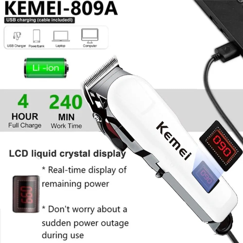 Wireless Kemei professional electric hair clipper for men with adjustable blades and rechargeable design, ideal for barber and home use.