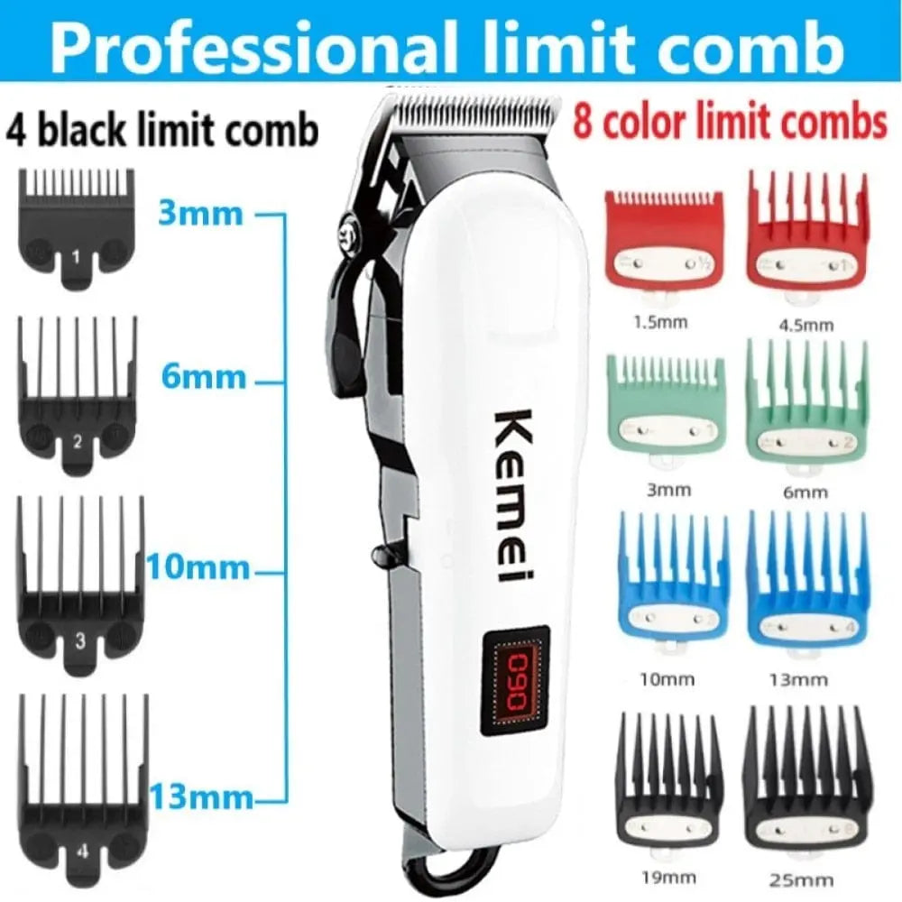 Kemei professional cordless electric hair clipper with adjustable blades, rechargeable trimmer for men’s haircuts and grooming.