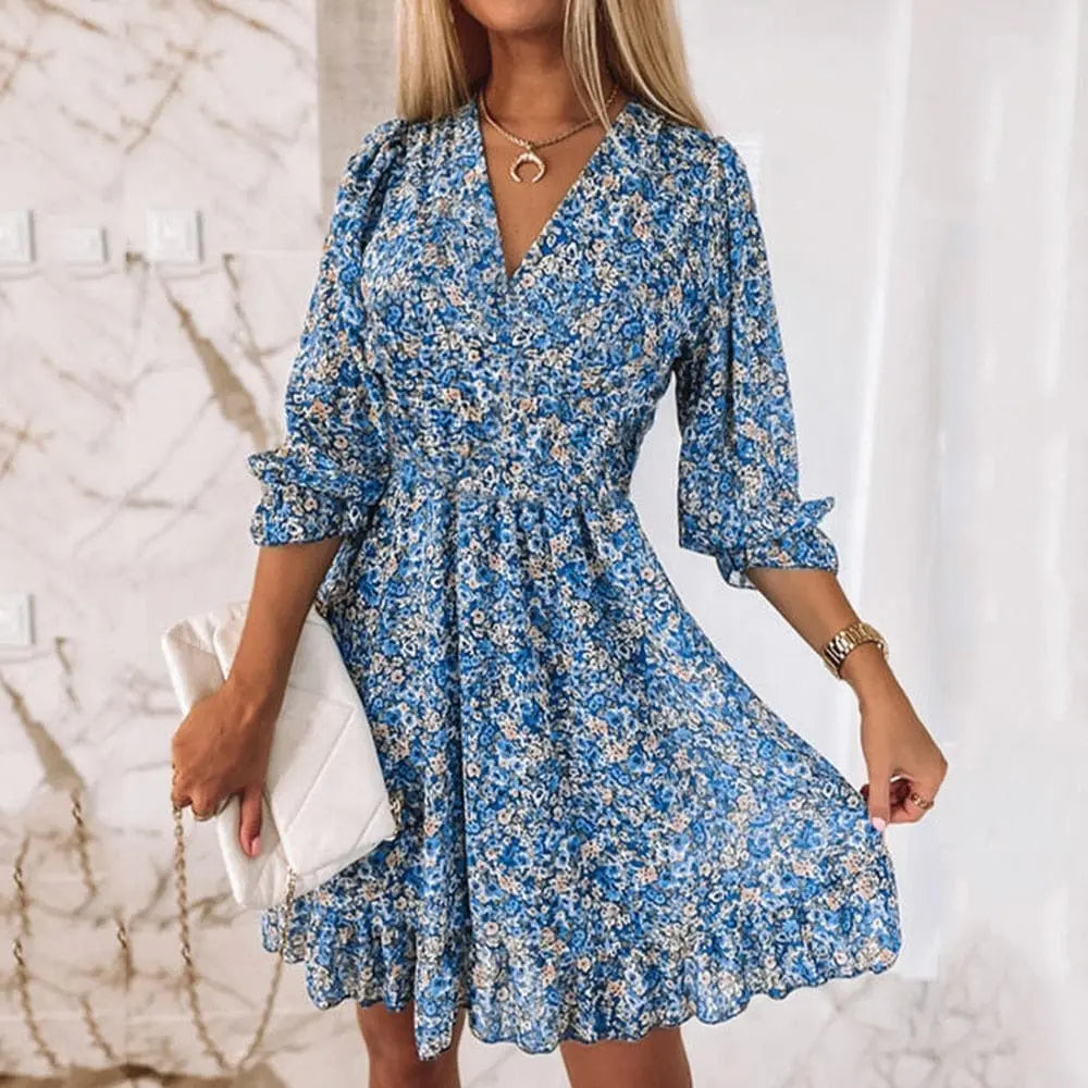 Showlu Fashion women's floral V-neck A-line summer dress with short sleeves, elegant and perfect for warm weather.