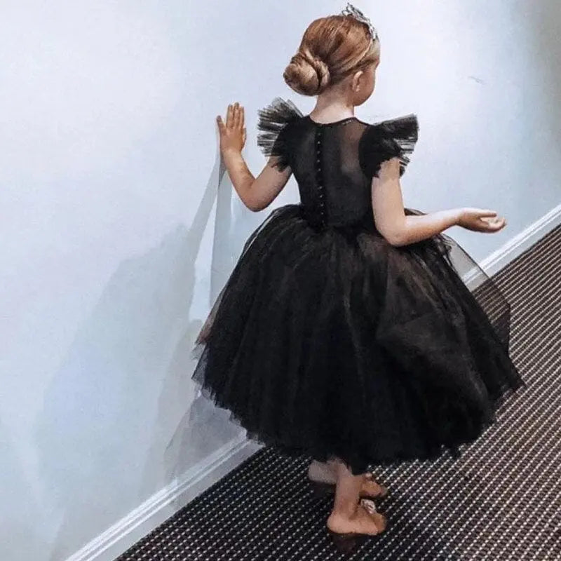 Elegant white tulle flower girl dress for kids by Showlu Fashion Store, perfect for weddings, birthdays, and special occasions.