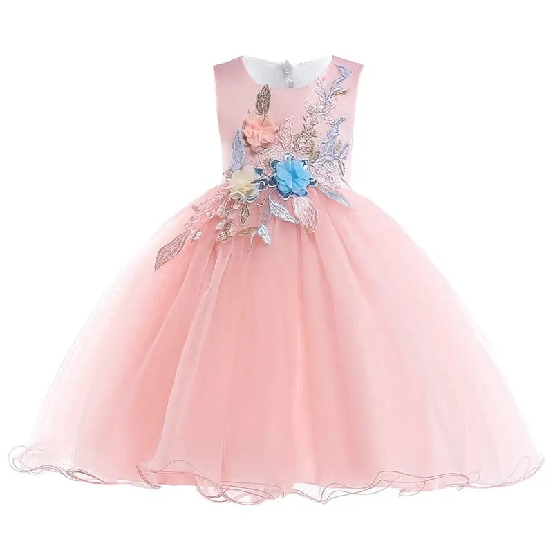 The Elegant Kids Dress is a sleeveless pink tulle princess dress for girls ages 3-10, featuring a full puffy skirt and pink, blue, and cream floral appliqués with silver leaves—perfect for birthdays, weddings, or parties.