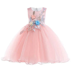 The Elegant Kids Dress is a sleeveless pink tulle princess dress for girls ages 3-10, featuring a full puffy skirt and pink, blue, and cream floral appliqués with silver leaves—perfect for birthdays, weddings, or parties.
