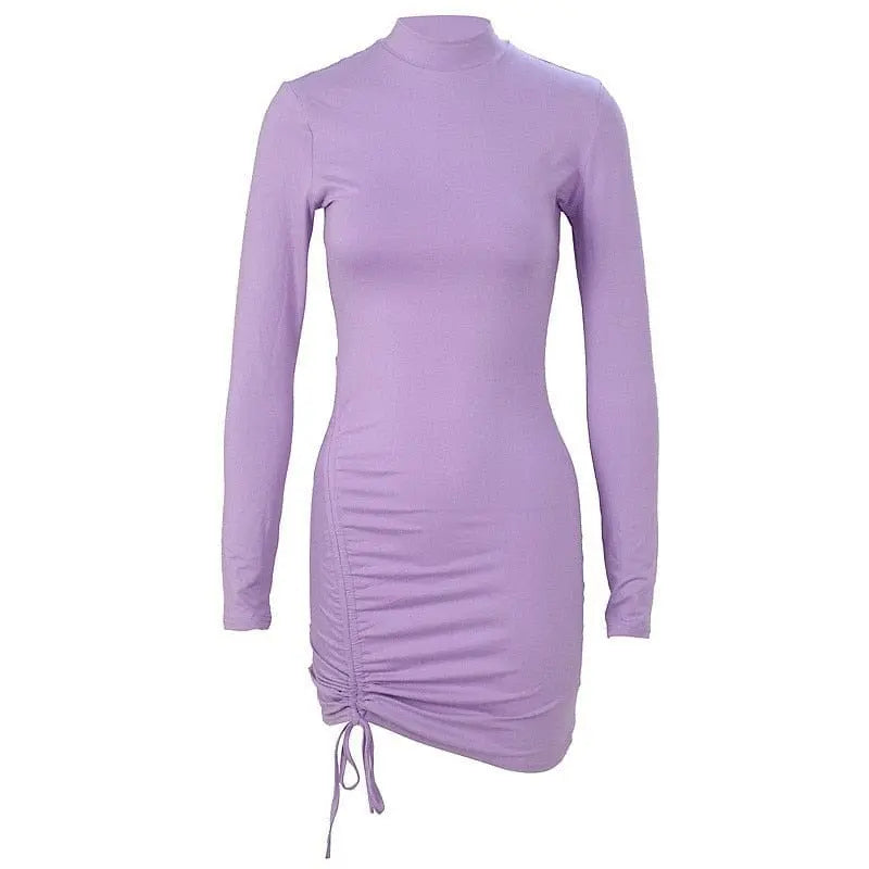 Showlu Women's sexy lace-up mini dress with pleated design, slim fit bodycon style in purple and black, perfect for parties and events.