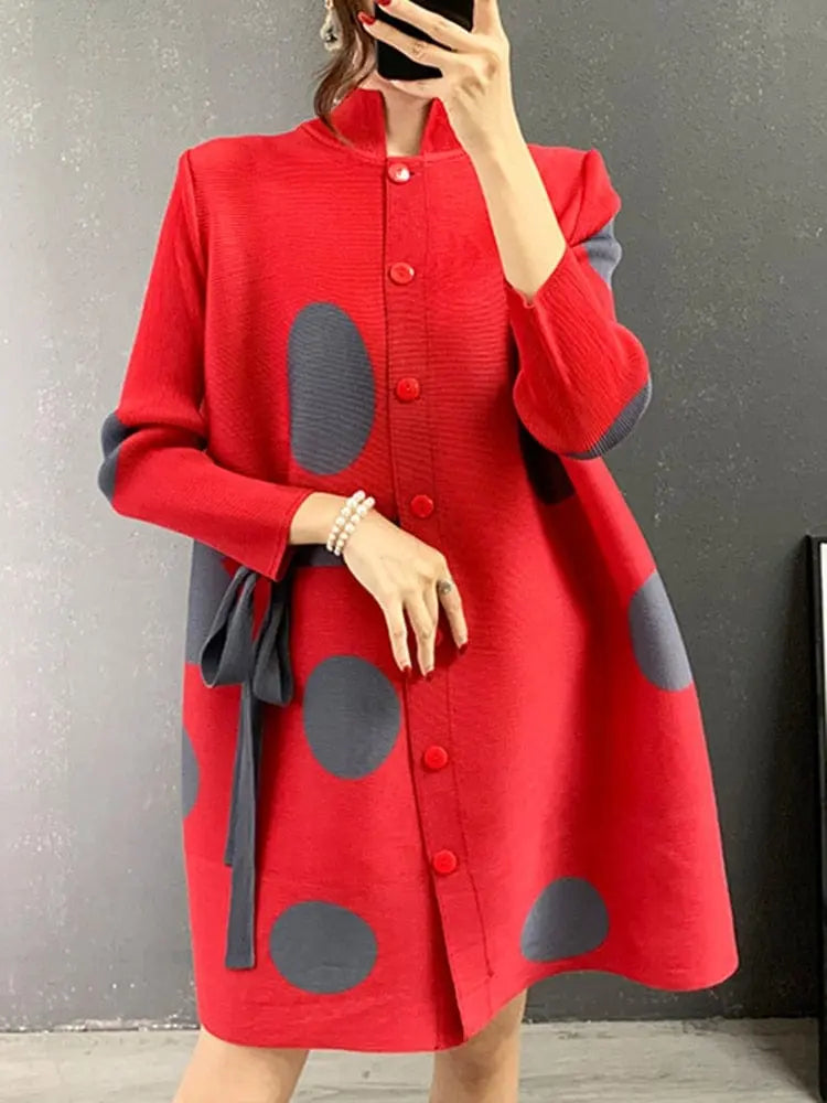 Showlu Store Nation GVUW polka dot pleated midi dress with sleeveless design and stand collar, elegant and stylish for special occasions