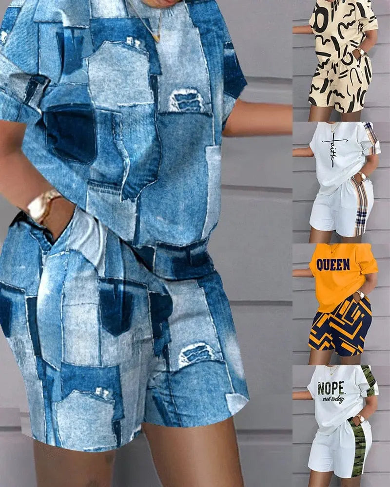 Showlu Fashion women's 2-piece sweatshirt set with loose T-shirt and hot pants, perfect for casual summer wear.