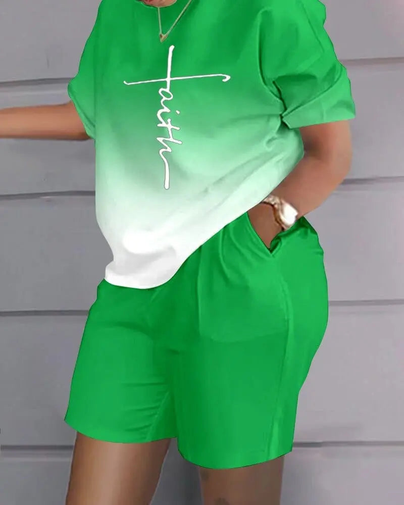 Showlu Fashion women's 2-piece sweatshirt set with loose t-shirt and hot pants, stylish summer casual wear for women.