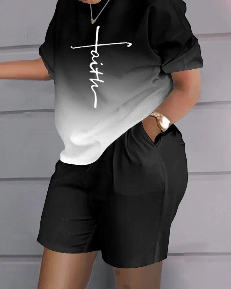 Showlu Fashion women's 2-piece sweatshirt set with loose T-shirt and hot pants, perfect for stylish summer casual wear.