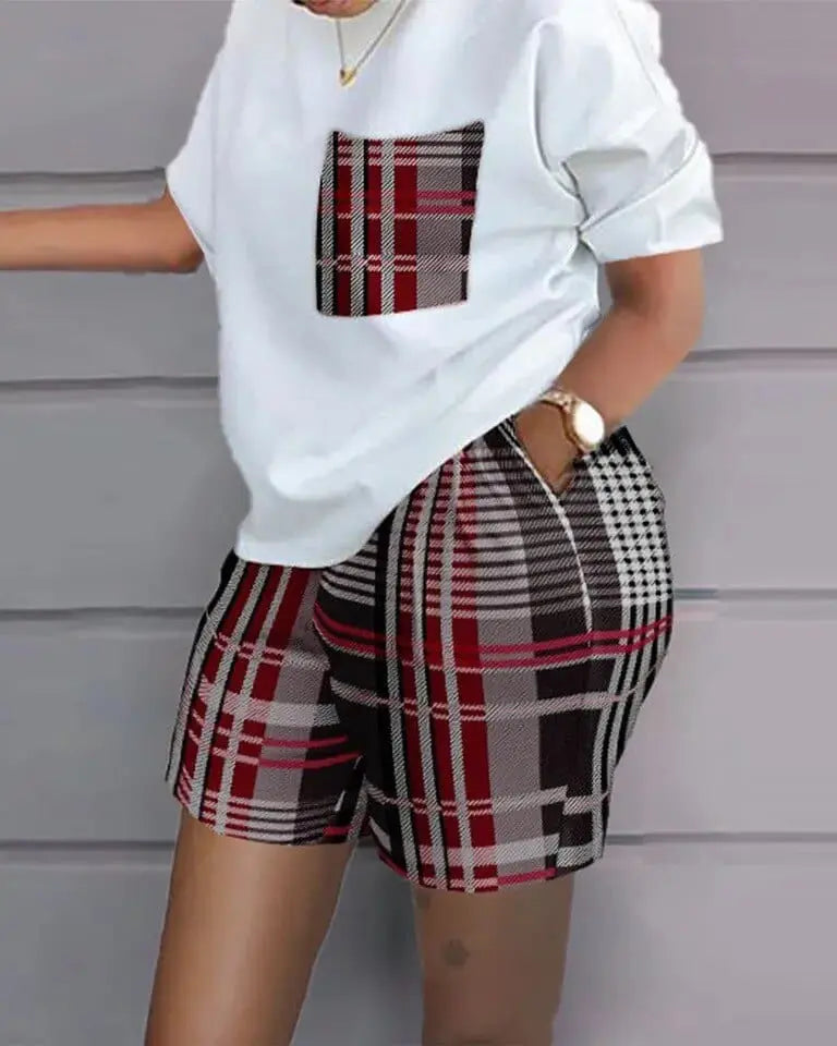 Showlu Fashion women's 2-piece sweatshirt set with loose t-shirt and hot pants, perfect for stylish summer casual wear.