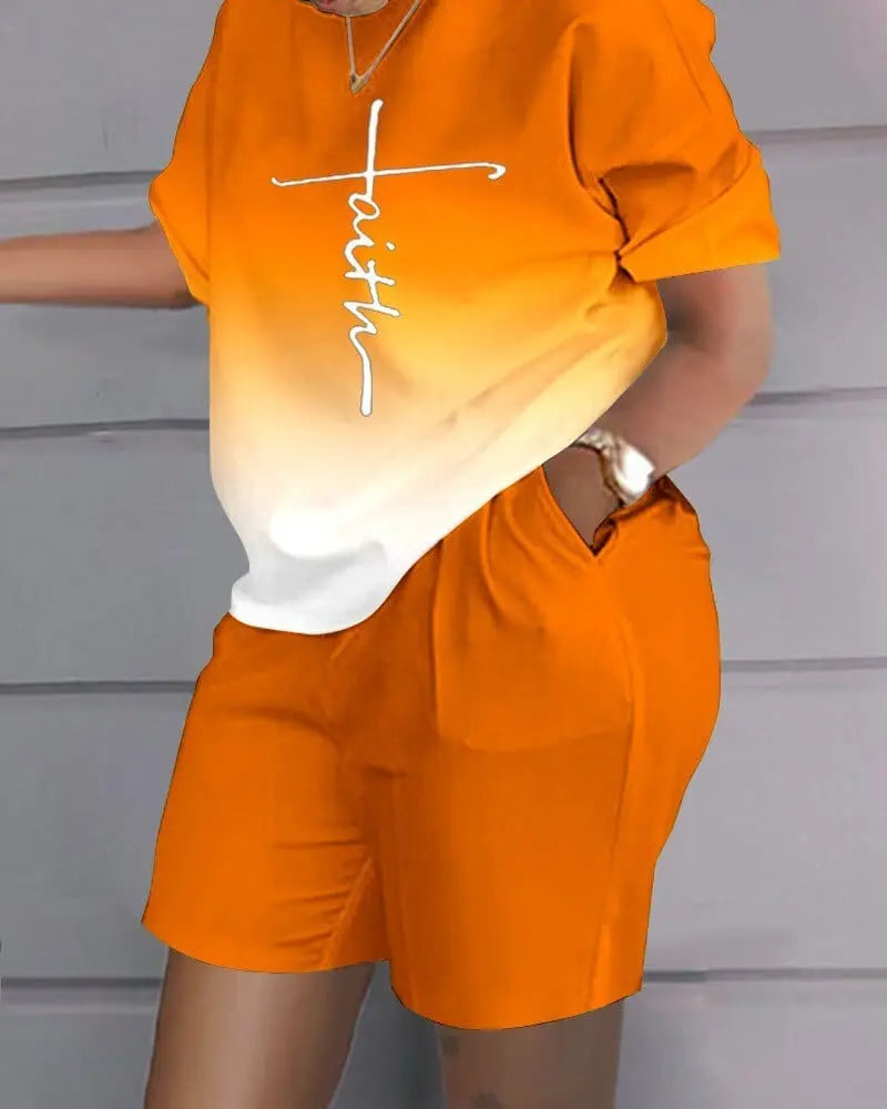 Elegant summer women's 2-piece sweatshirt set by Showlu Fashion featuring a loose t-shirt and hot pants, perfect for casual wear.