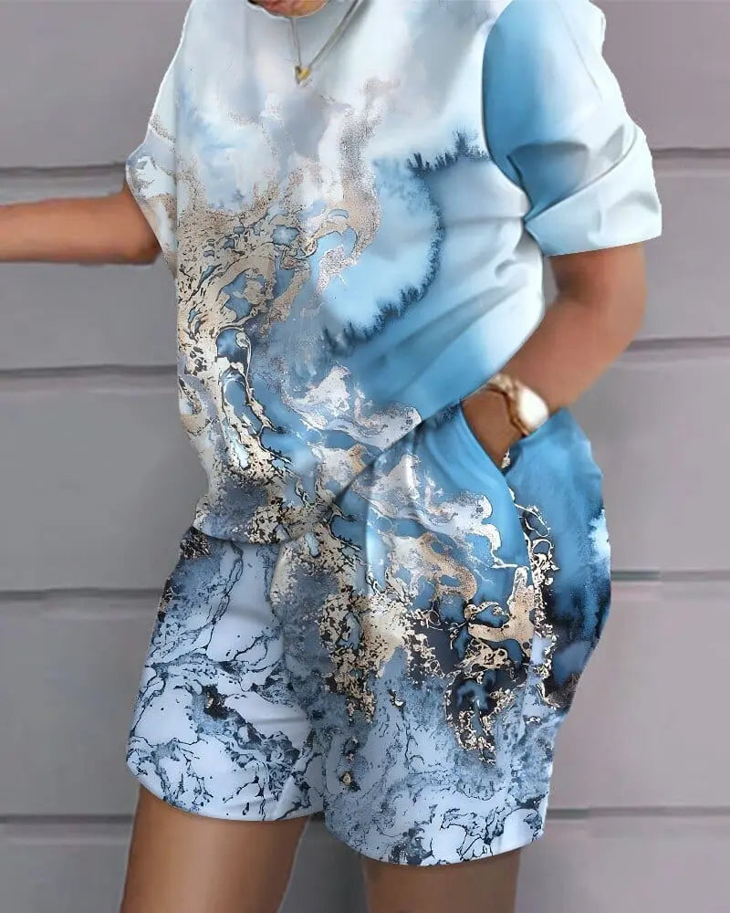 Showlu Fashion women's 2-piece sweatshirt set with loose T-shirt and hot pants, perfect for casual summer wear.