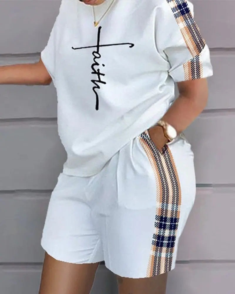 Showlu Fashion women's 2-piece sweatshirt set with loose t-shirt and hot pants, perfect for stylish summer casual wear.
