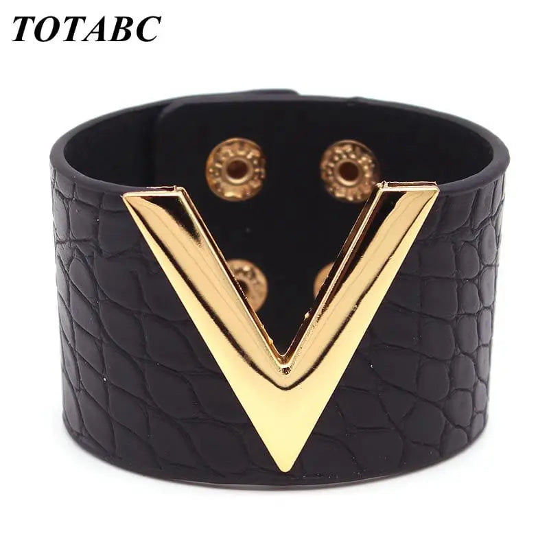 Showlu Store Nation wide punk leather V-word cuff bracelet for women with crack leather design and bold style.