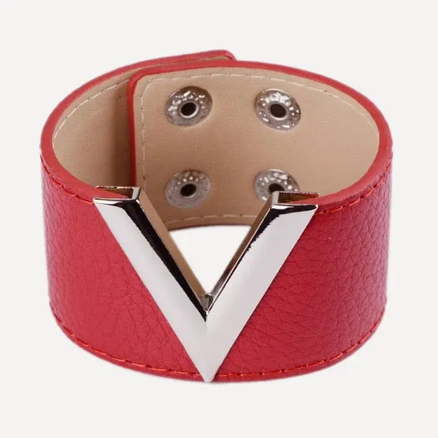 Showlu Store Nation crack leather V-word wide punk cuff bracelet for women with a bold, edgy style and soft leather finish.