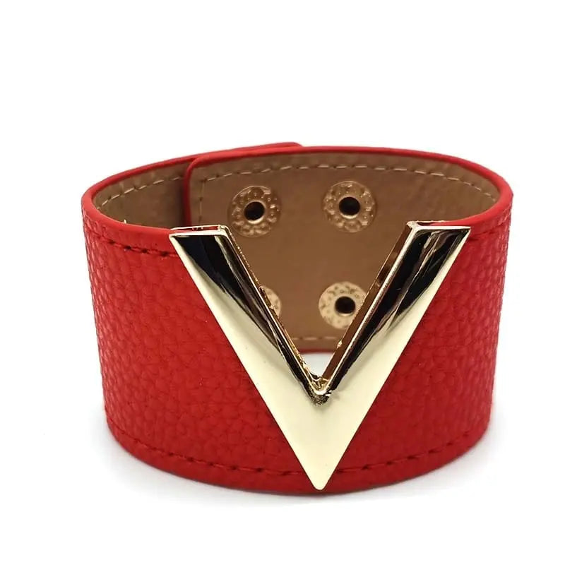 Showlu Store Nation crack leather V-word wide punk cuff bracelet for women with bold, edgy style and soft textured leather.