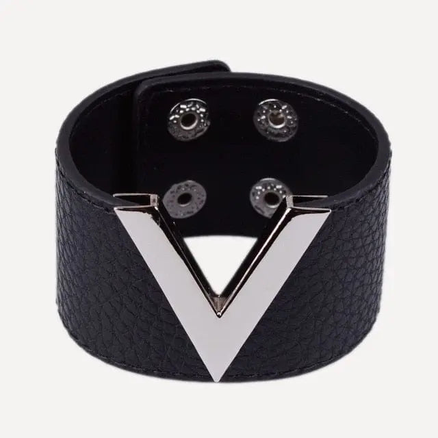 Showlu Store Nation crack leather V-word wide punk cuff bracelet for women, featuring a bold, edgy leather design and stylish punk details.