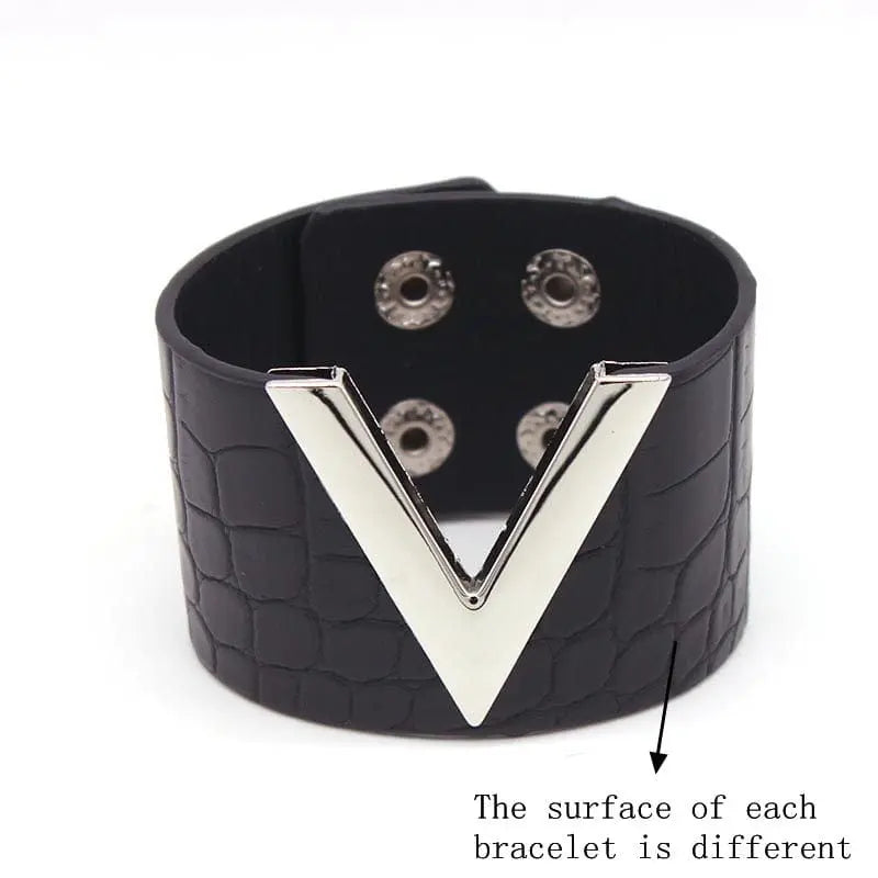 Showlu Store Nation crack leather V-word wide punk cuff bracelet for women, featuring a bold, edgy design with crack leather texture.