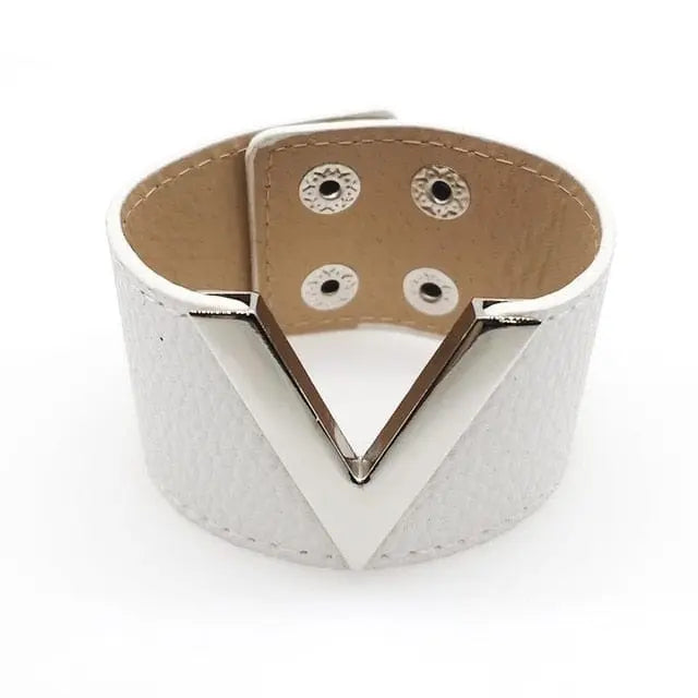 Showlu Store Nation wide crack leather punk cuff bracelet with V-word design, soft jewelry for women, stylish and bold accessory