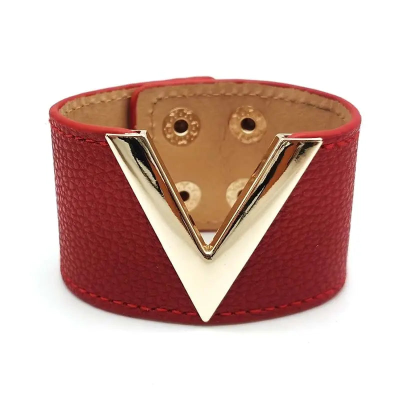 Showlu Store Nation crack leather punk cuff bracelet with V-word design, wide fit, soft leather, stylish for women.