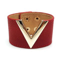 Showlu Store Nation crack leather punk cuff bracelet with V-word design, wide fit, soft leather, stylish for women.