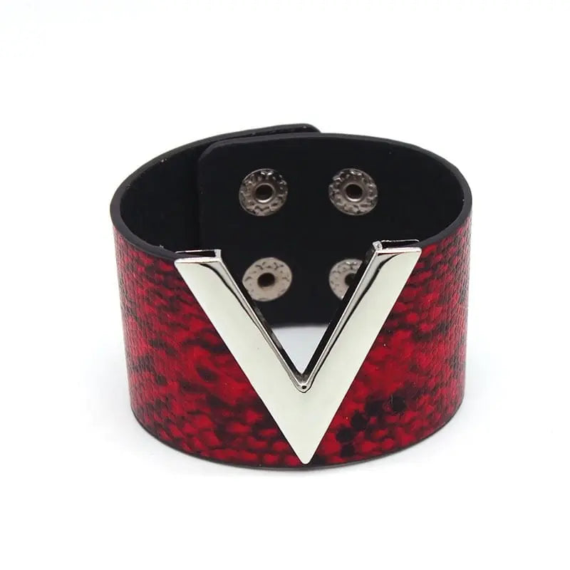 Showlu Store Nation crack leather V-word wide punk cuff bracelet for women, featuring edgy, soft leather design with bold style.
