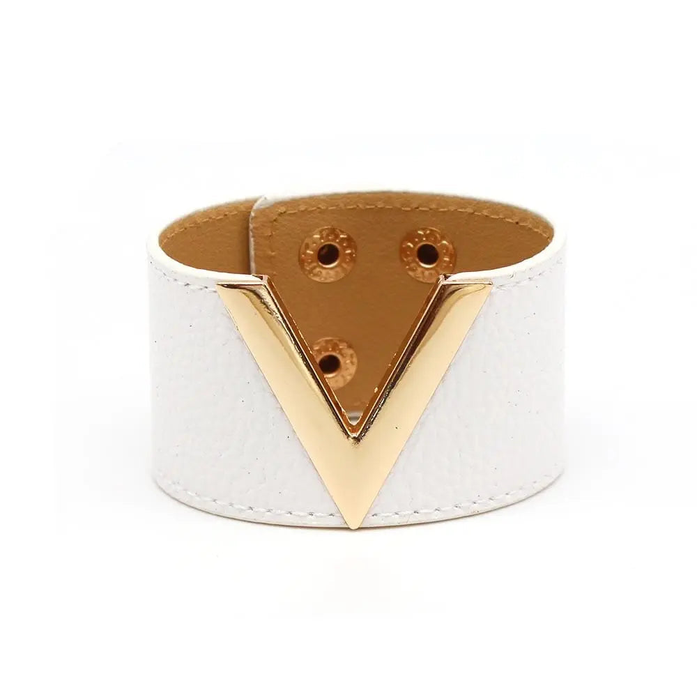 Showlu Store Nation leather V-word wide punk cuff bracelet with crack leather design, stylish soft jewelry for women.