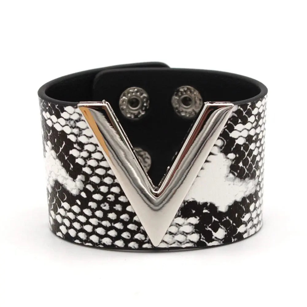 Showlu Store Nation crack leather V-word wide punk cuff bracelet for women with edgy, soft leather design and bold style.