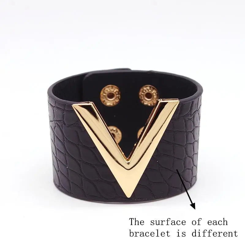 Showlu Store Nation crack leather V-word wide punk cuff bracelet for women, featuring edgy, soft leather design with a bold style.