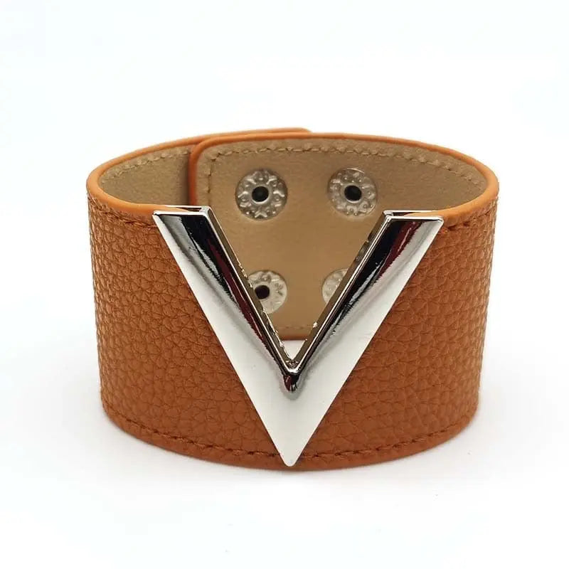 Showlu Store Nation crack leather V-word wide punk bracelet for women, featuring bold, soft leather design and edgy punk style.
