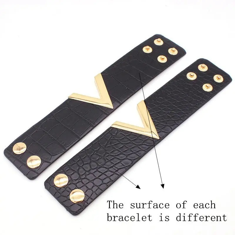 Showlu Store Nation crack leather wide punk cuff bracelet with V-word design for women, casual and stylish jewelry accessory