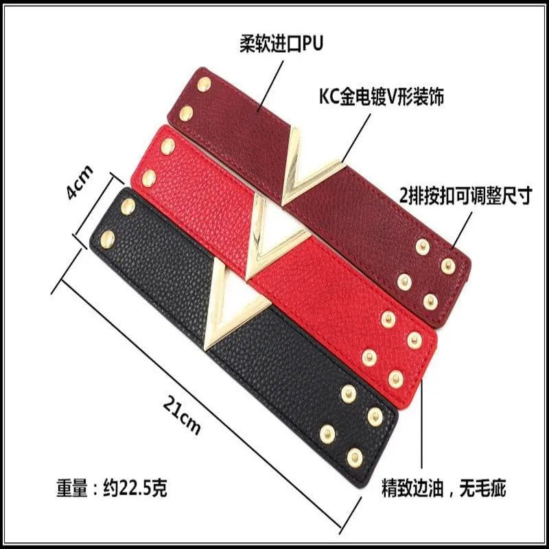 Showlu Store Nation crack leather V-word wide punk cuff bracelet for women, featuring edgy, soft leather design and bold style.